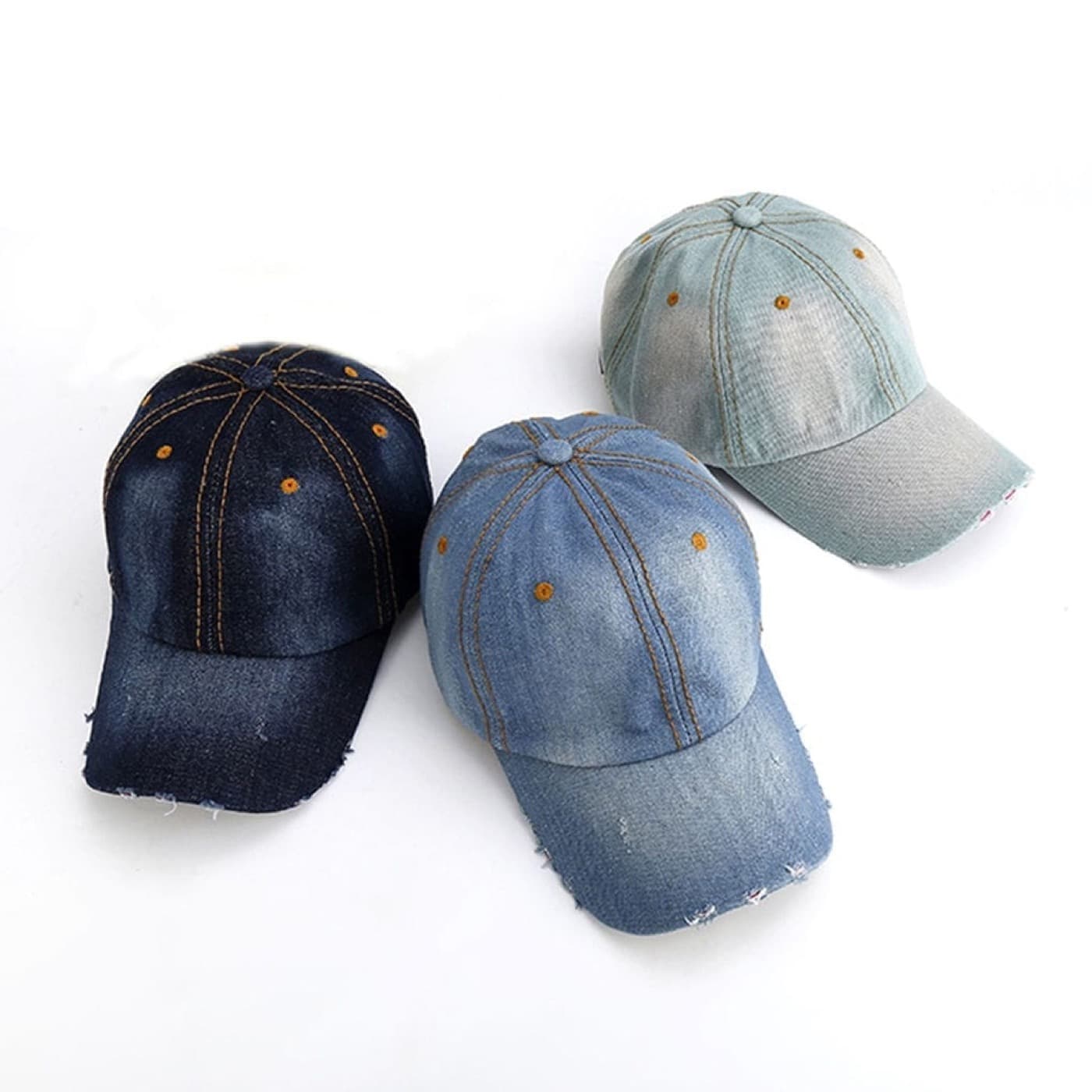 Set of three custom distressed denim baseball caps