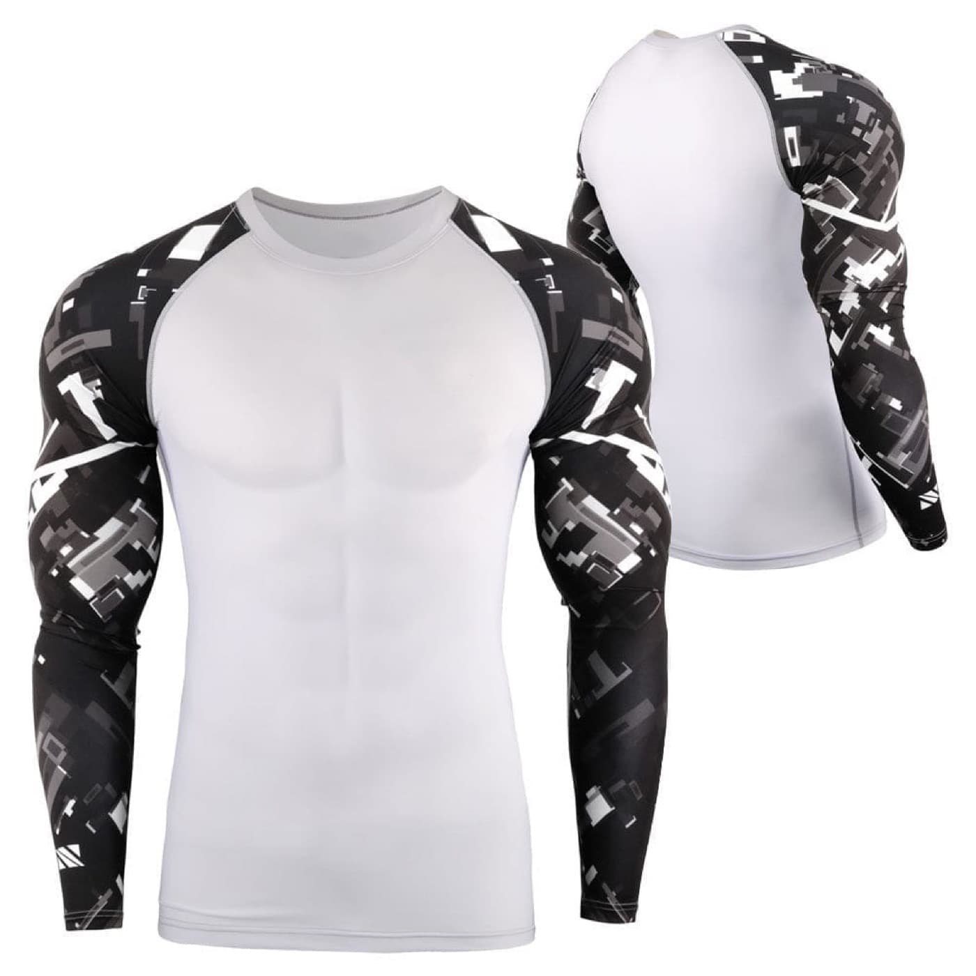 Black and white custom compression rash guard with sublimated sleeves