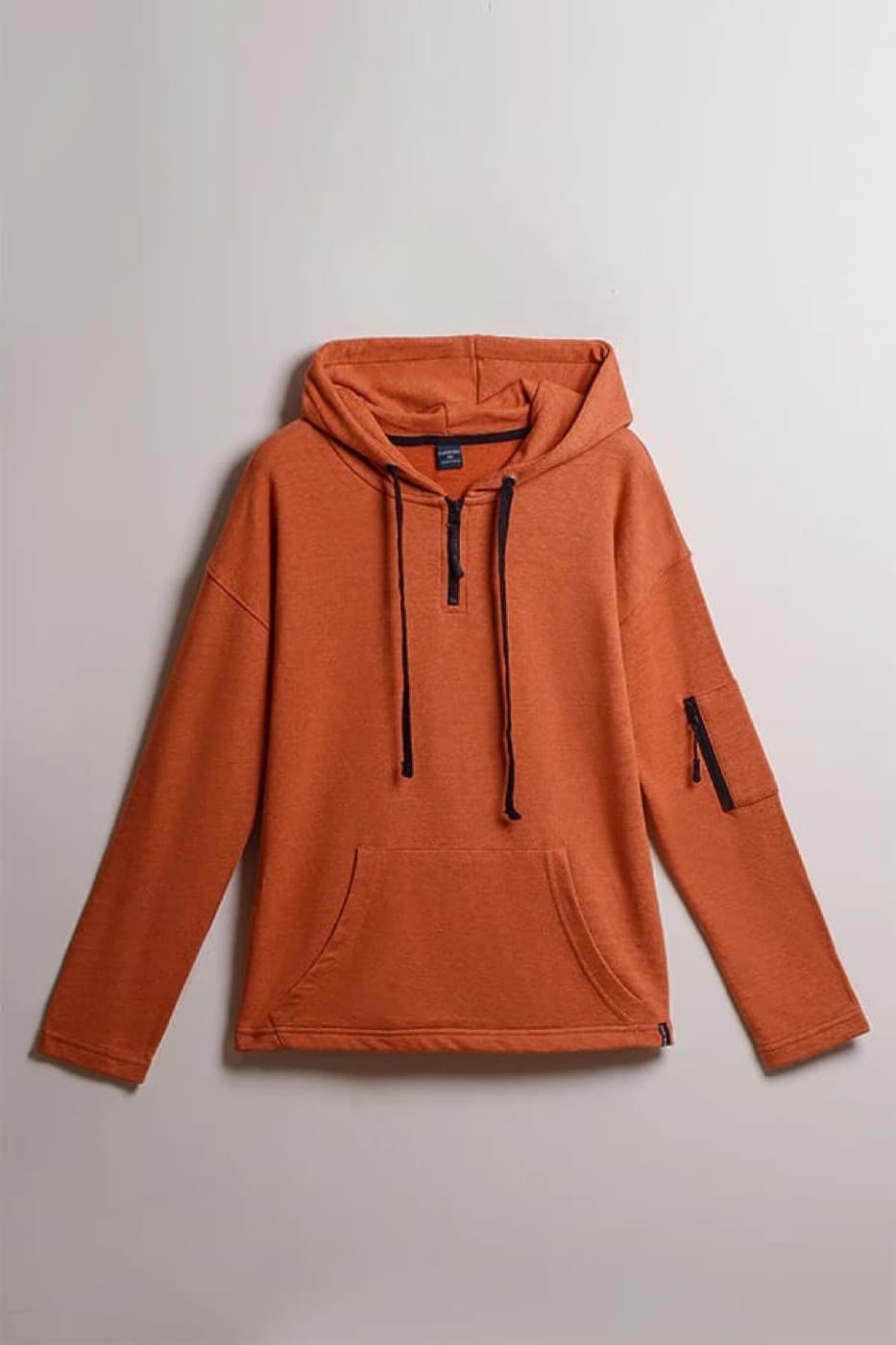Rust orange custom technical hoodie with zipper detail