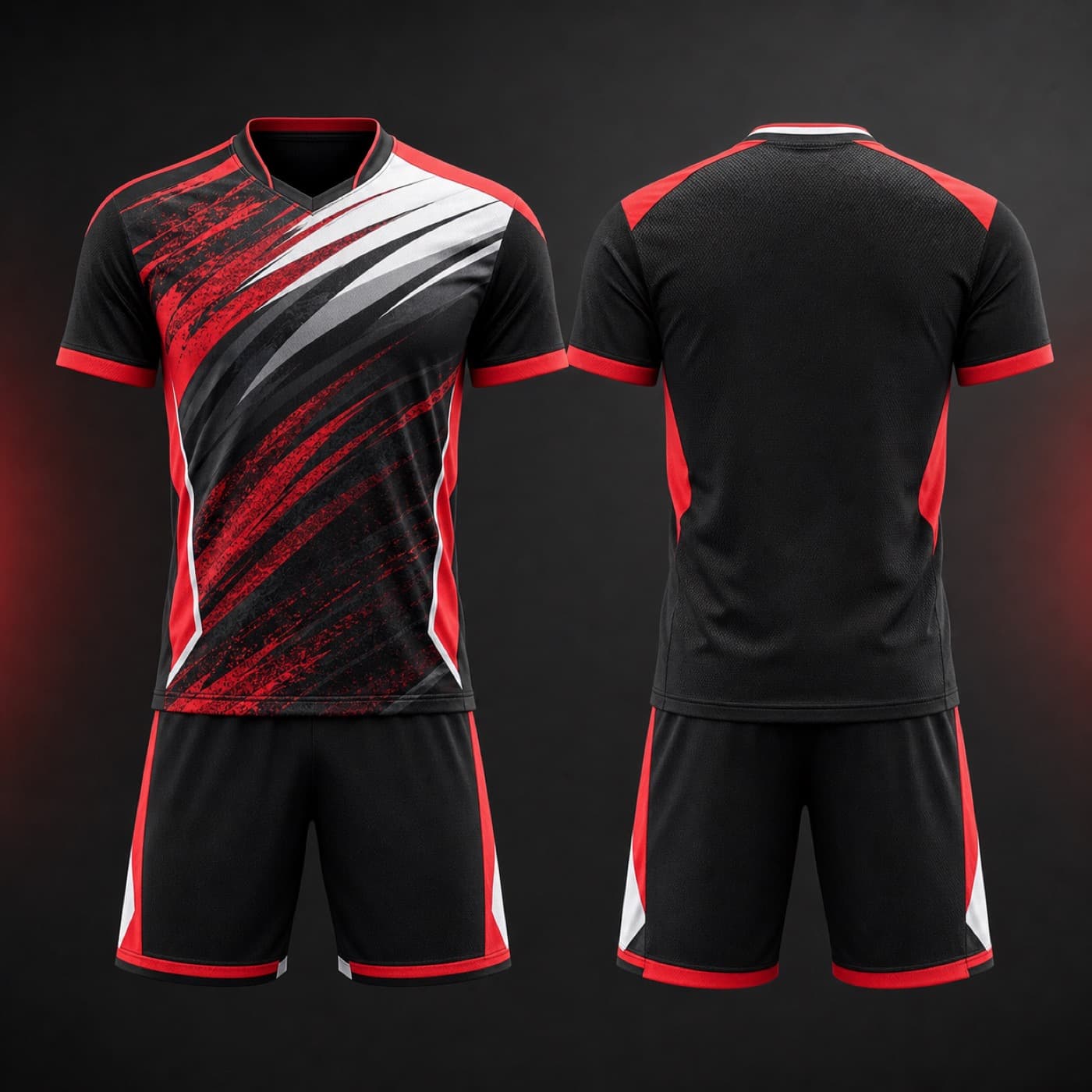 Front and back view of a custom sublimated soccer jersey and shorts set