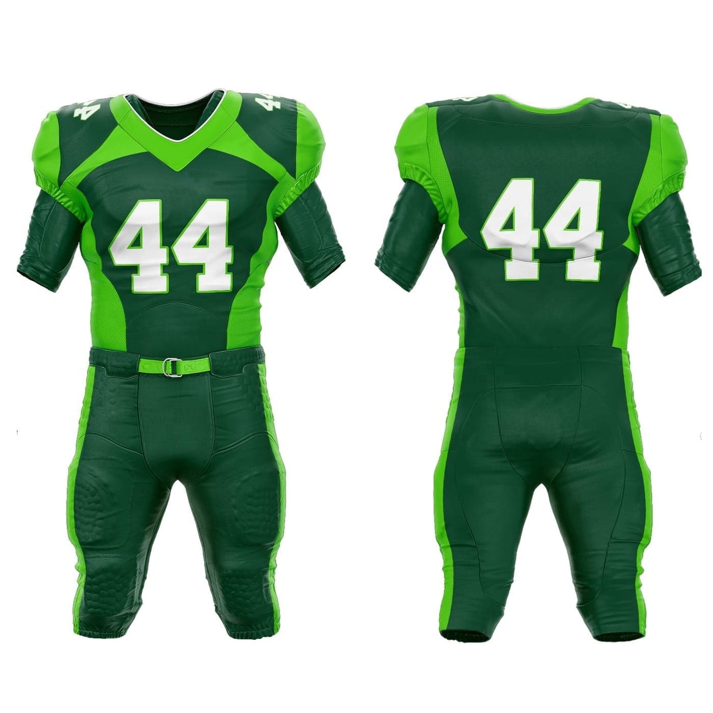 Green custom American football uniform set with front and back views