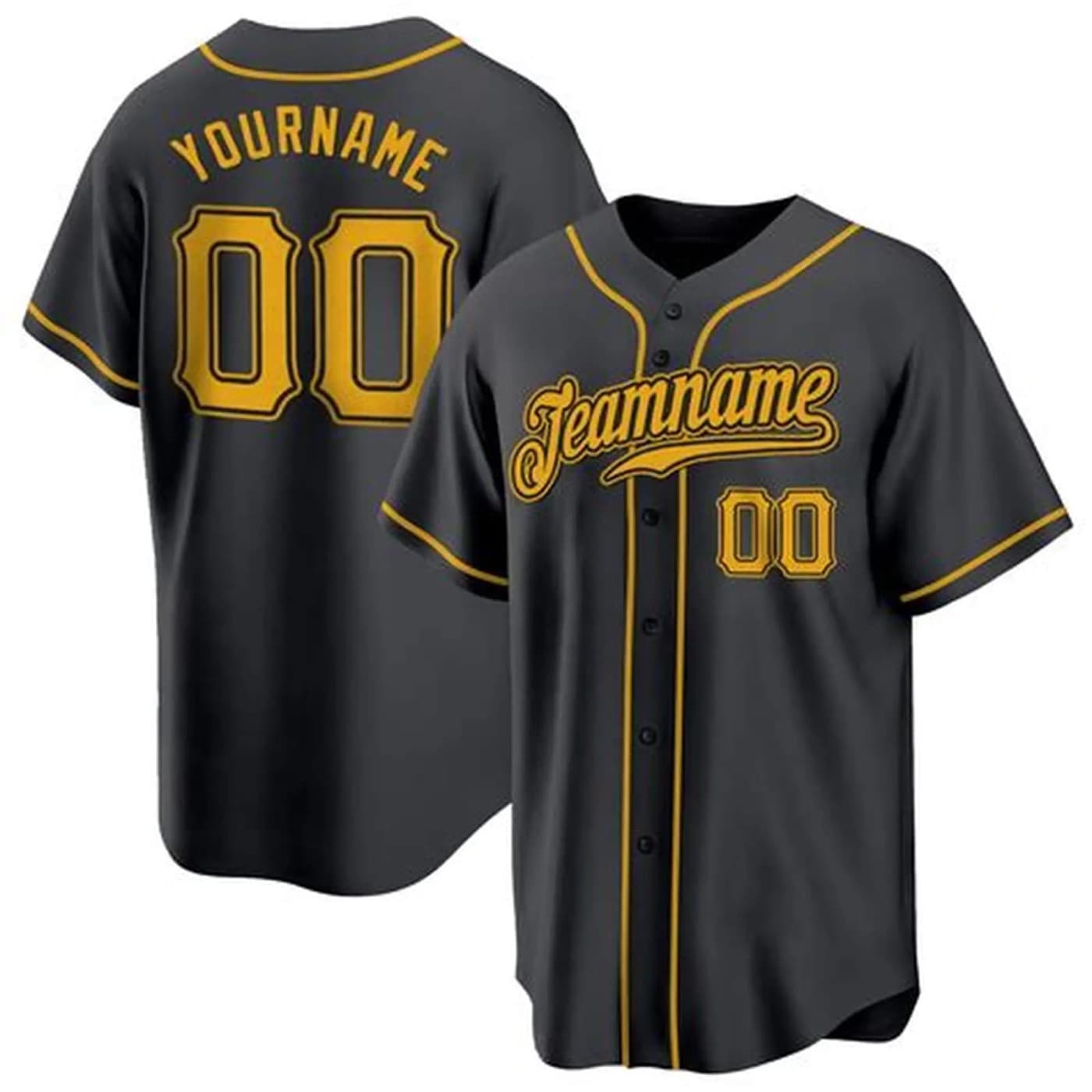 Black and gold custom baseball jersey with front and back views