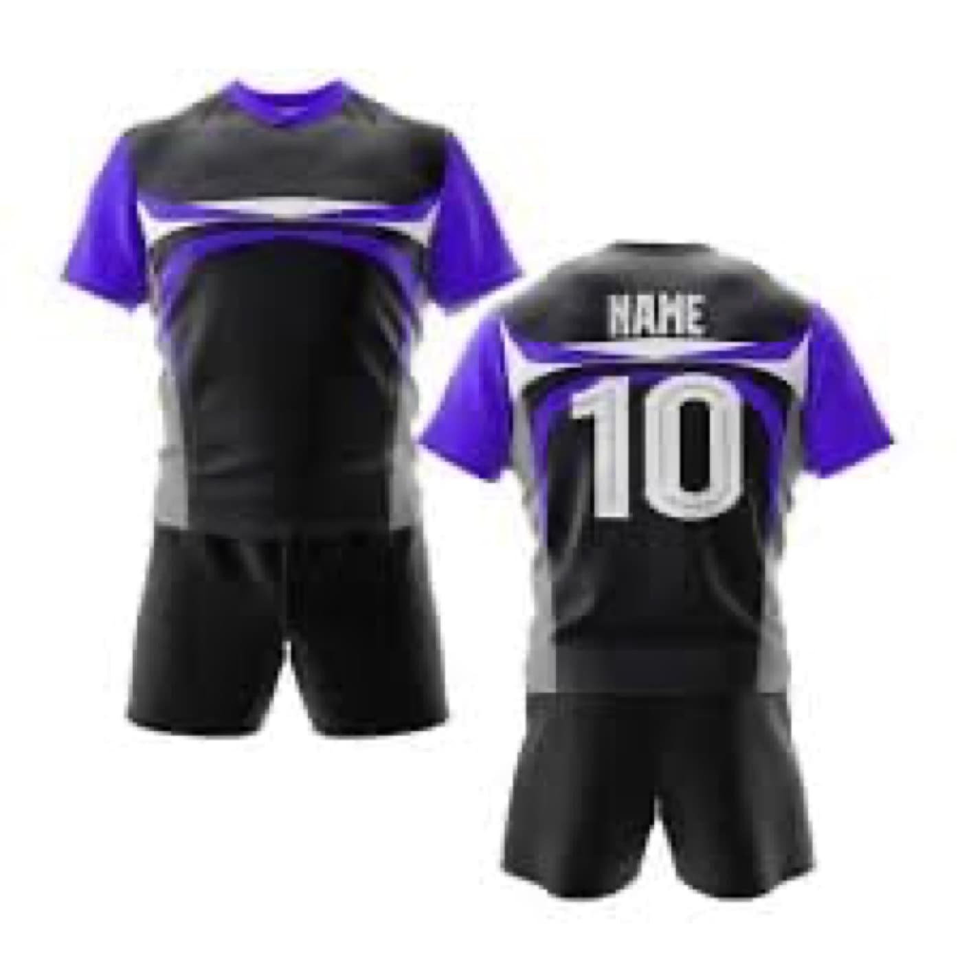 Black and purple custom rugby uniform with front and back views