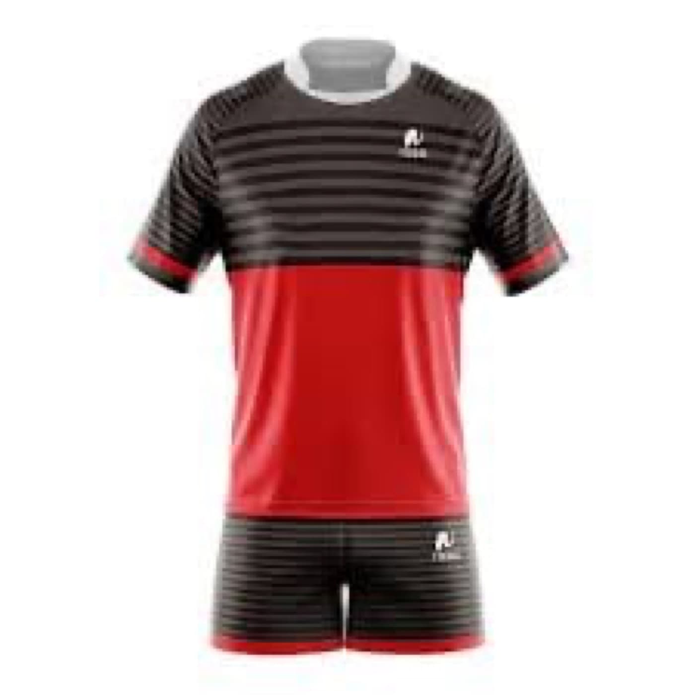 Black and red custom rugby uniform with jersey and shorts