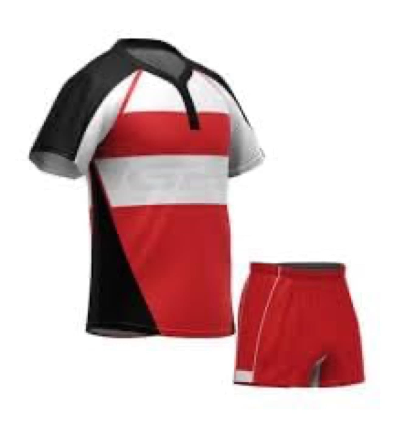 Red black and white custom rugby uniform set with jersey and shorts