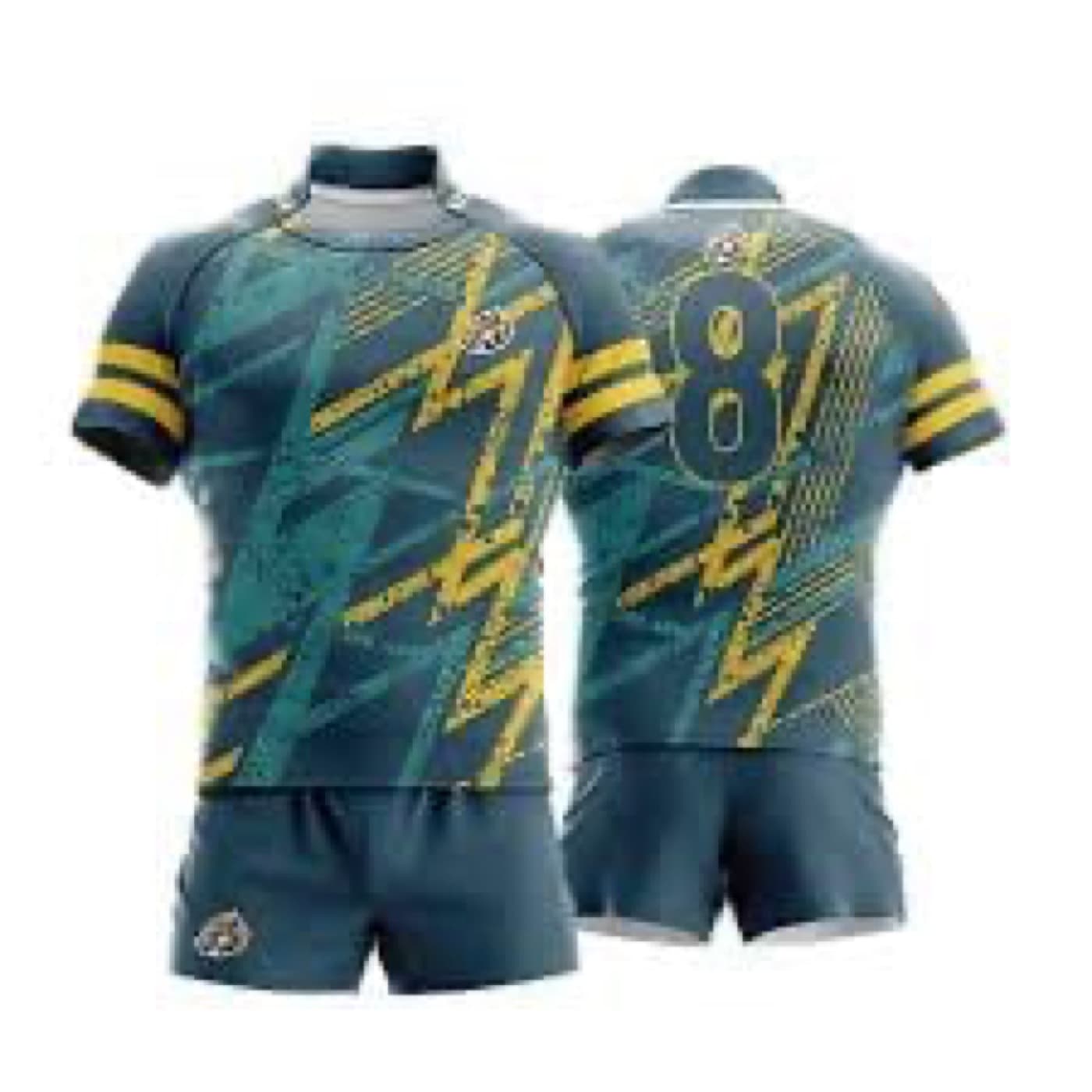 Teal and yellow custom rugby uniform with front and back views