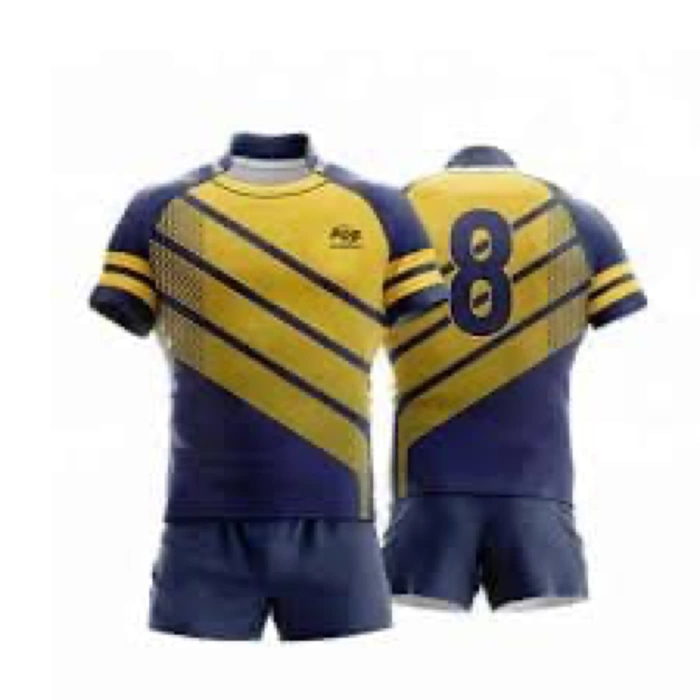 Yellow and navy custom rugby uniform with front and back views