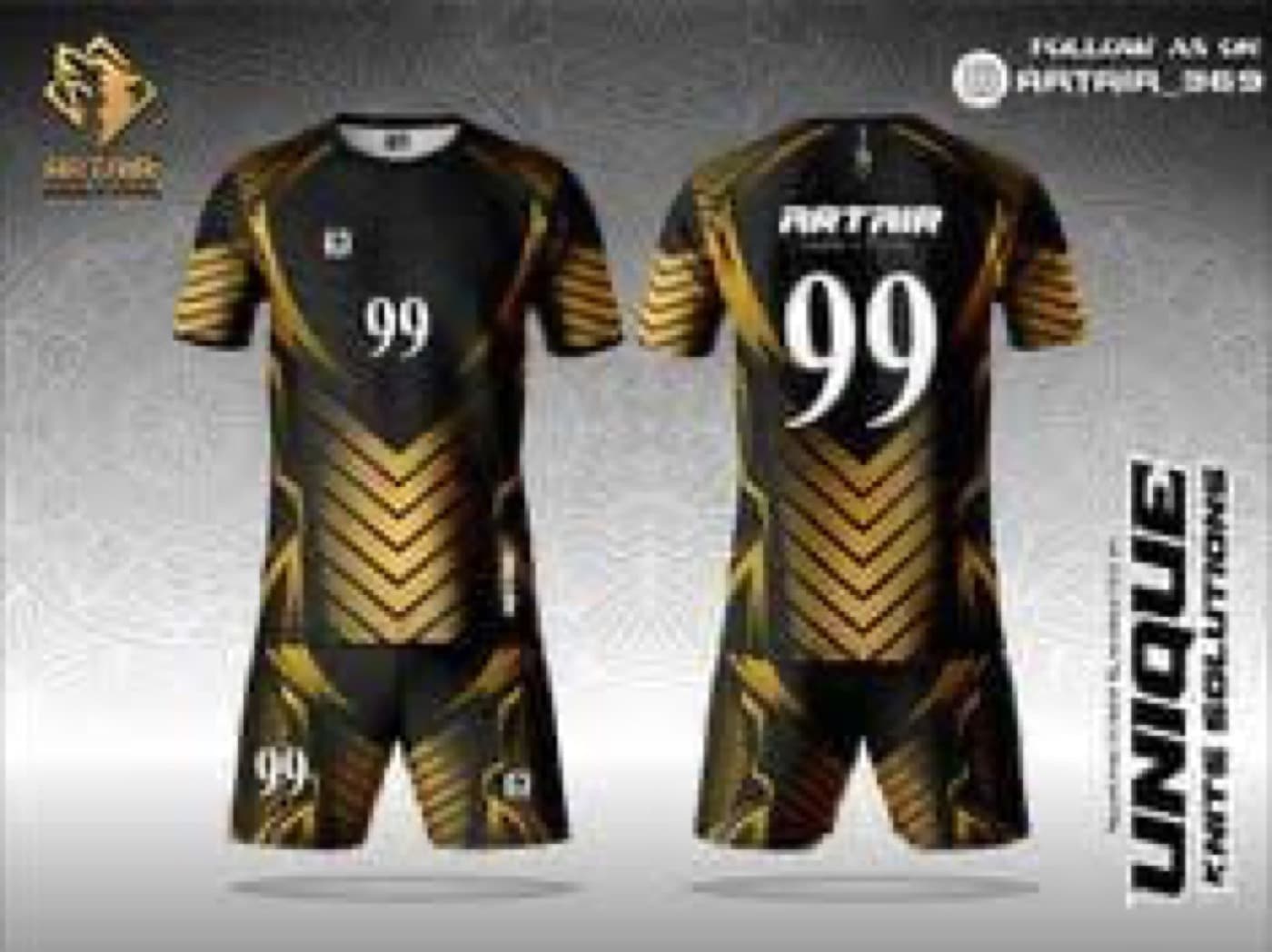 Black and gold custom soccer kit with jersey and shorts